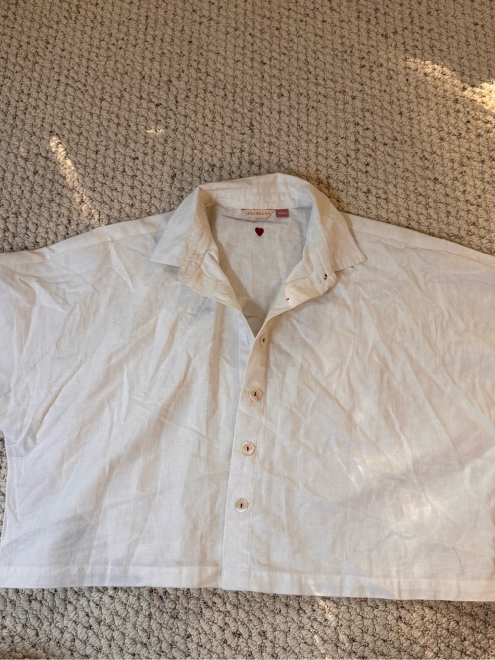 Svrnaa Cotton/Linen White Short-Sleeve Button-Down Shirt with embroidered heart